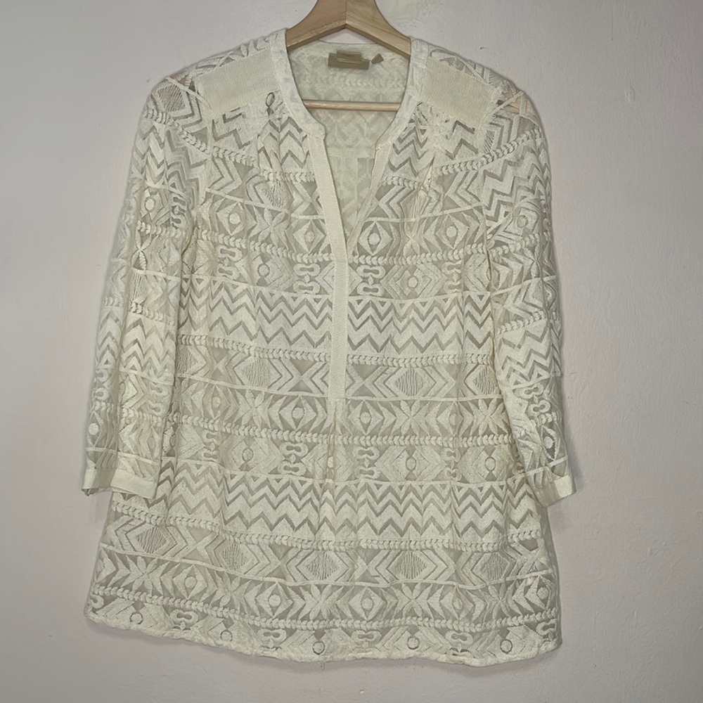 Vanessa Virginia Sheer Lace Blouse Sz 4/small Cream Ivory White 3/4 Sleeve